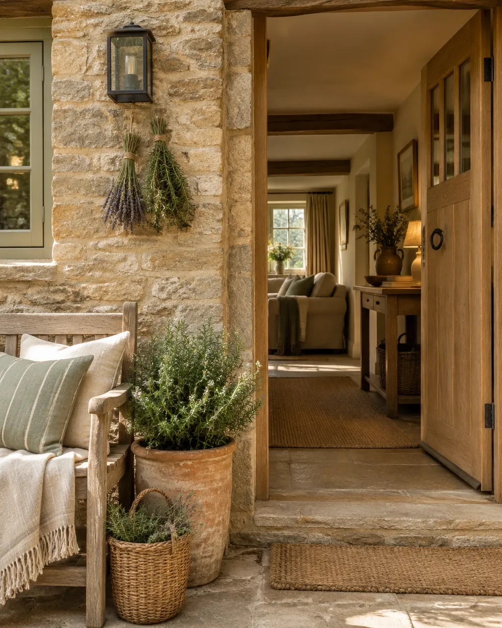 A quintessential honey-hued Cotswold stone cottage with traditional gabled rooflines and a drystone wall, representing the charming character of the region.